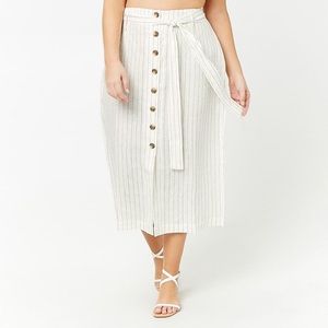 Forever 21 Black and White Striped Button Front Belted Linen Maxi Skirt